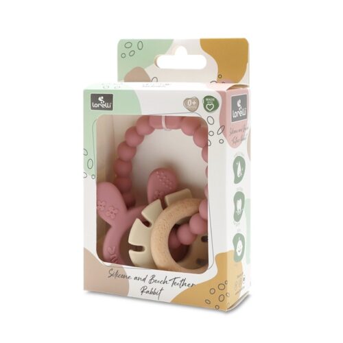 Silikonsko grizalo z bukovim lesom Lorelli ZAJČEK roza